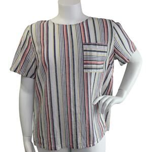 Liz Claiborne Linen Top Size XL Pocket Striped Cotton Blend Short Sleeve White